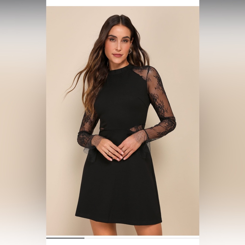 Lulu's Bragging Rights Black Lace Long Sleeve Skater Dress